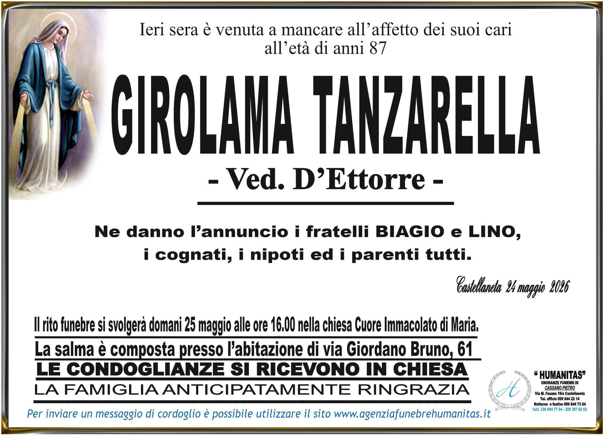 necrologio Girolama Tanzarella