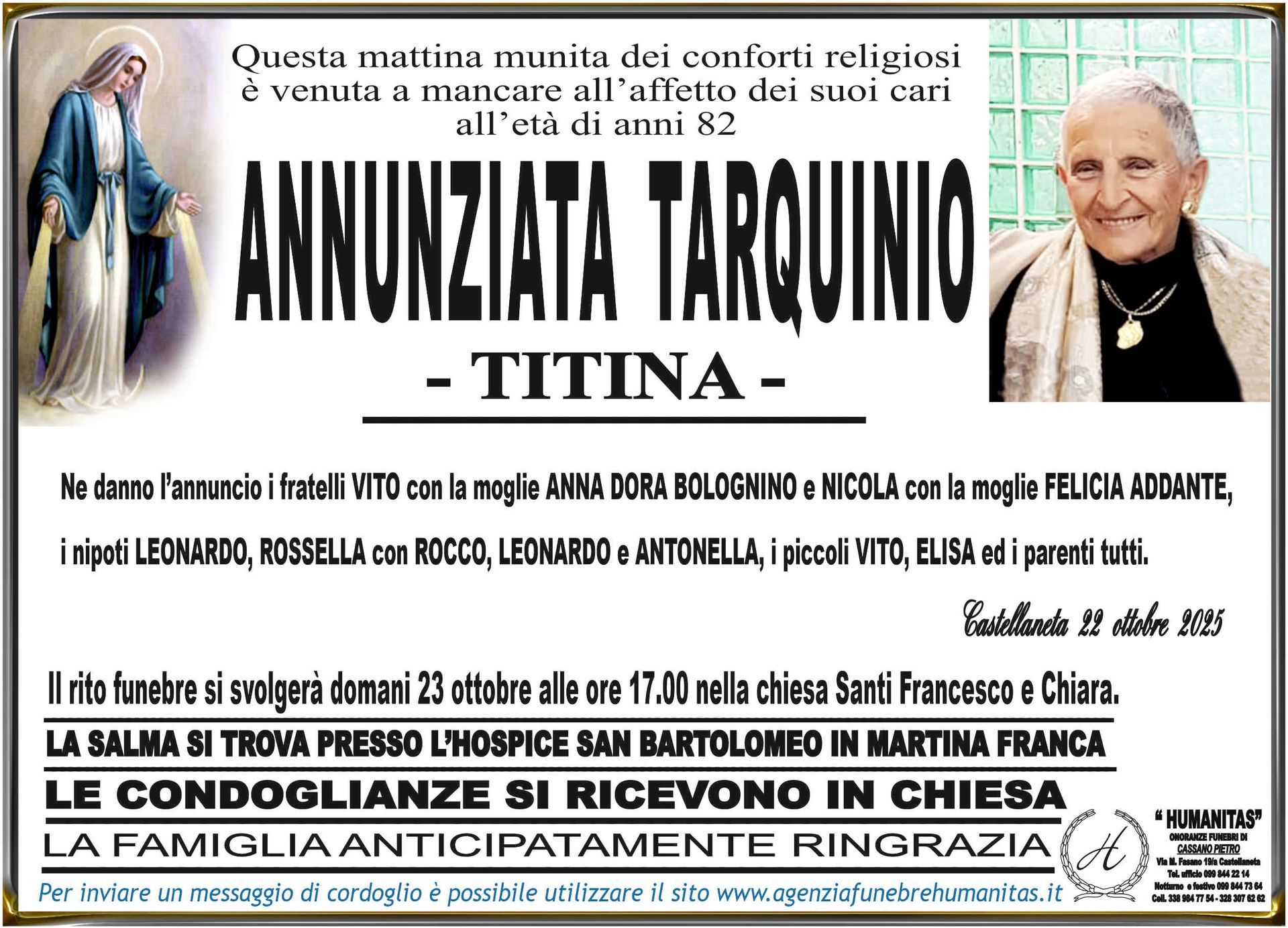 necrologio Annunziata Tarquinio