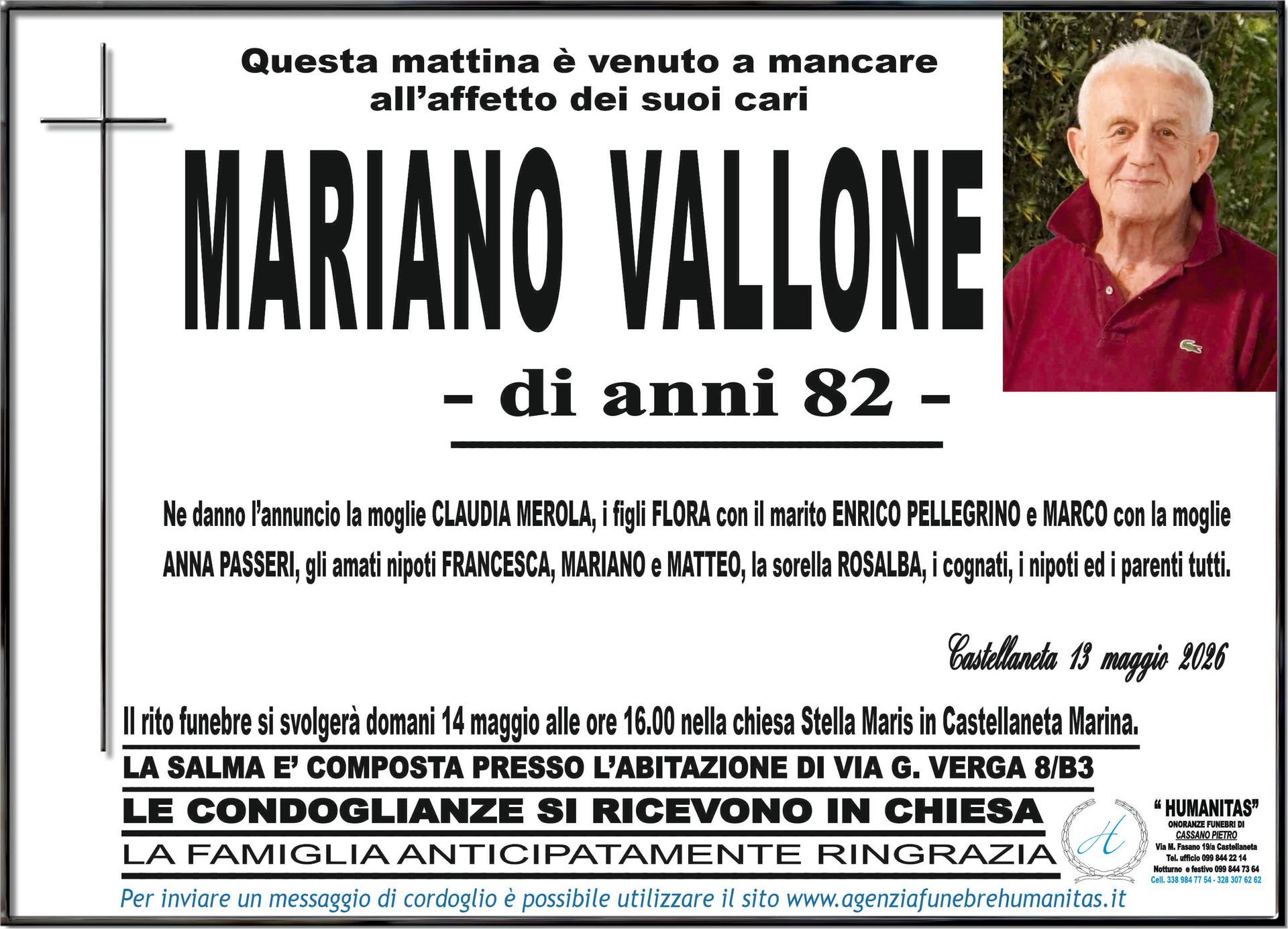 necrologio Mariano Vallone