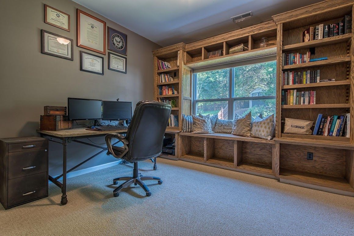 bespoke built-in office shelves and desk
