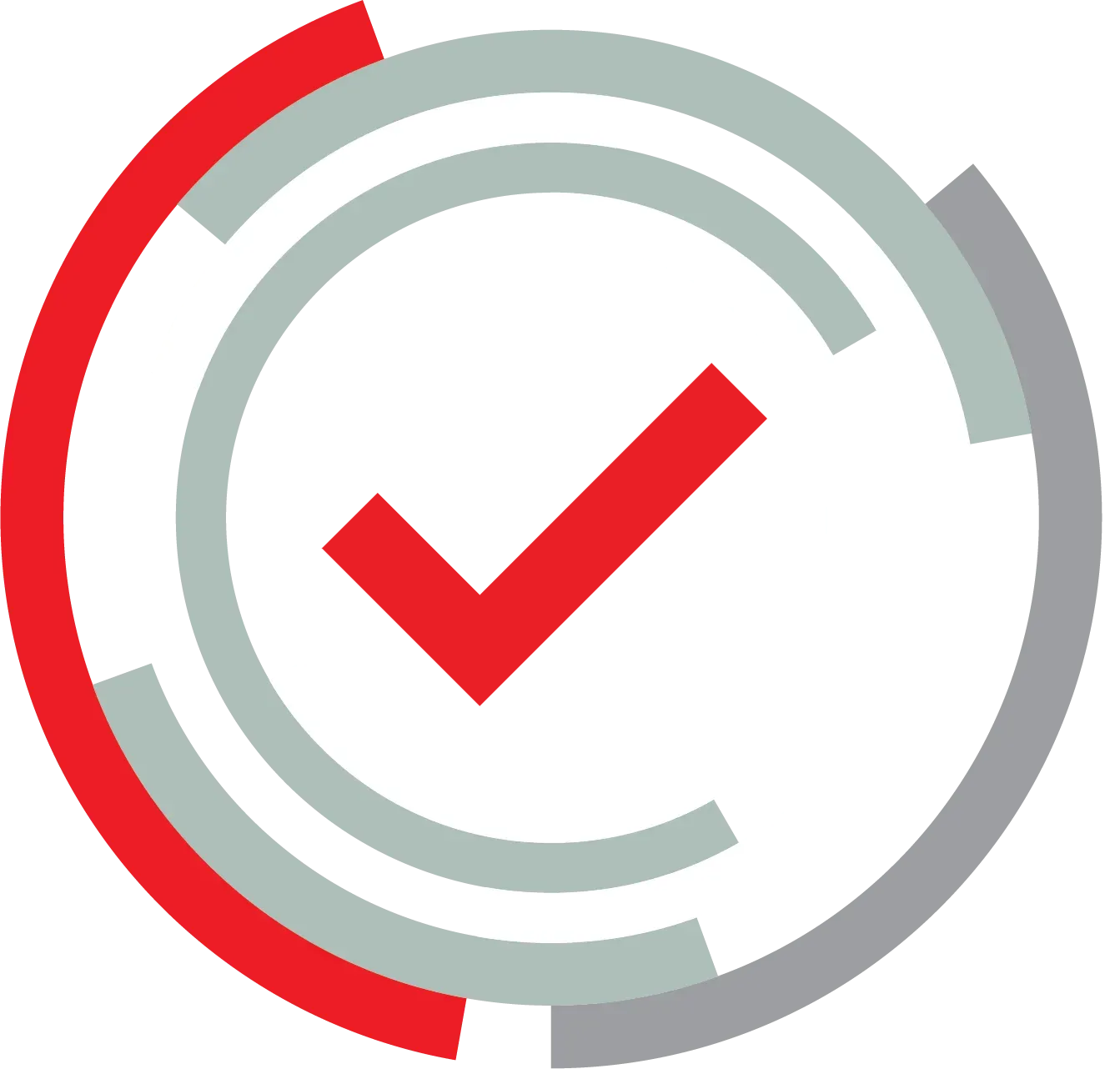 A bold red checkmark inside concentric circles of red and gray, symbolizing completion or validation.