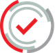 Une coche rouge centrée dans un logo circulaire composé d'anneaux gris et rouges segmentés.