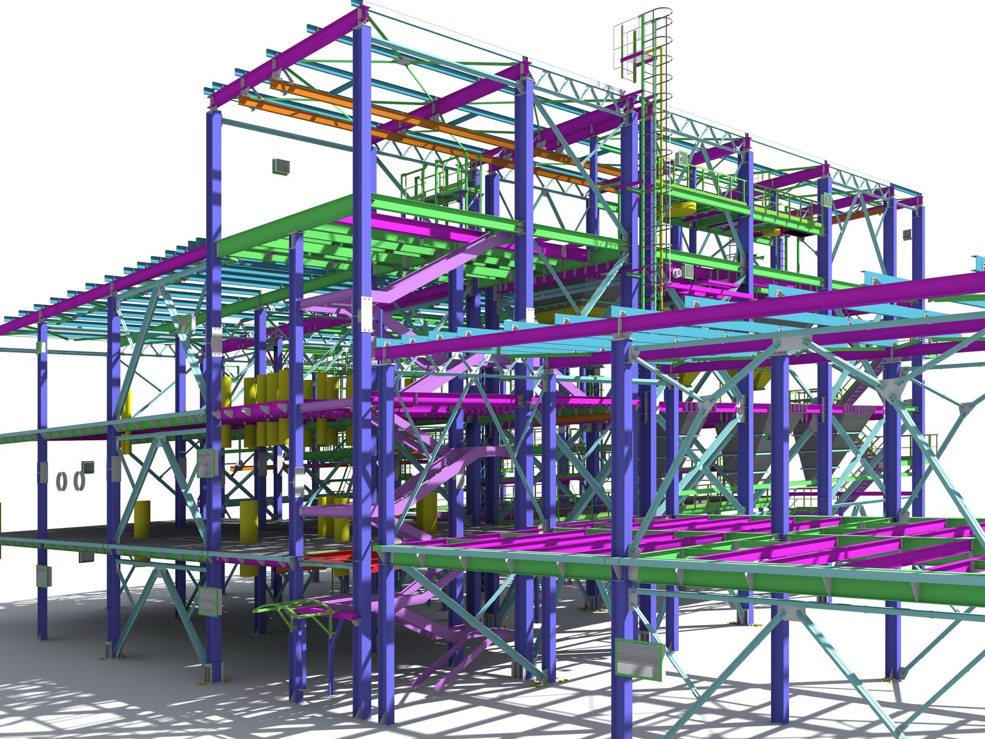 Un modèle 3D de conception assistée par ordinateur (CAO) d'une structure industrielle en acier à plusieurs niveaux comportant des poutres violettes, vertes et bleues.