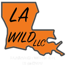 Logo for "LA Wild LLC" featuring Louisiana's outline in orange with black text and gray border.