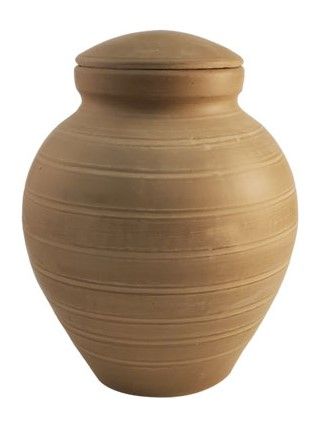 Beige clay pottery jar with a rounded body and lid on a white background