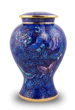 Blue cloisonné vase with gold rim and floral butterfly design
