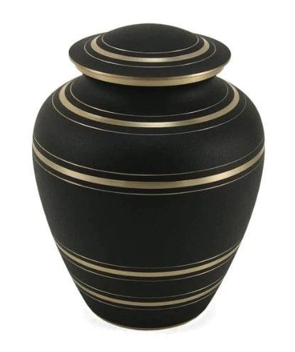 Black ceramic vase with gold stripes and a matching lid on a white background