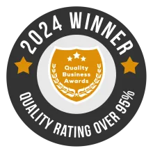2024 winner badge with gold stars and “Quality Business Awards,” black ring reading “Quality rating over 95%”