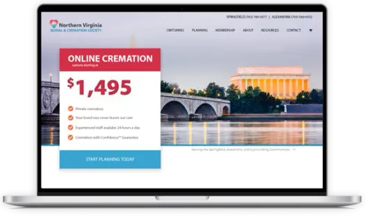 Website showing online cremation service with $1,495 price and Washington Monument photo