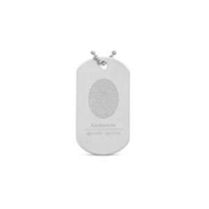 White dog tag pendant necklace with a chain and fingerprint design on a plain background