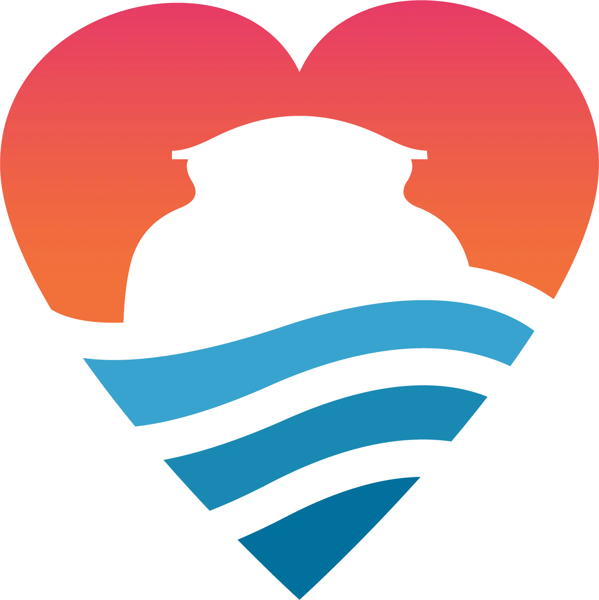 Abstract logo of a white structure over blue waves inside a pink-orange heart shape