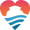Abstract logo of a white structure over blue waves inside a pink-orange heart shape