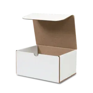 Open white cardboard box with brown interior and hinged lid on a white background