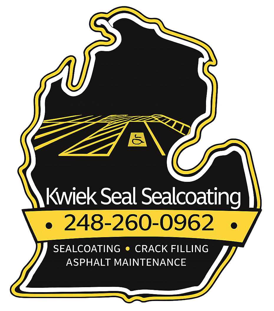 Kwiek Seal Sealcoating logo with yellow road outline, phone number, and asphalt maintenance services