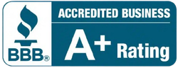 BBB Accredited Business A+ Rating logo in blue and white