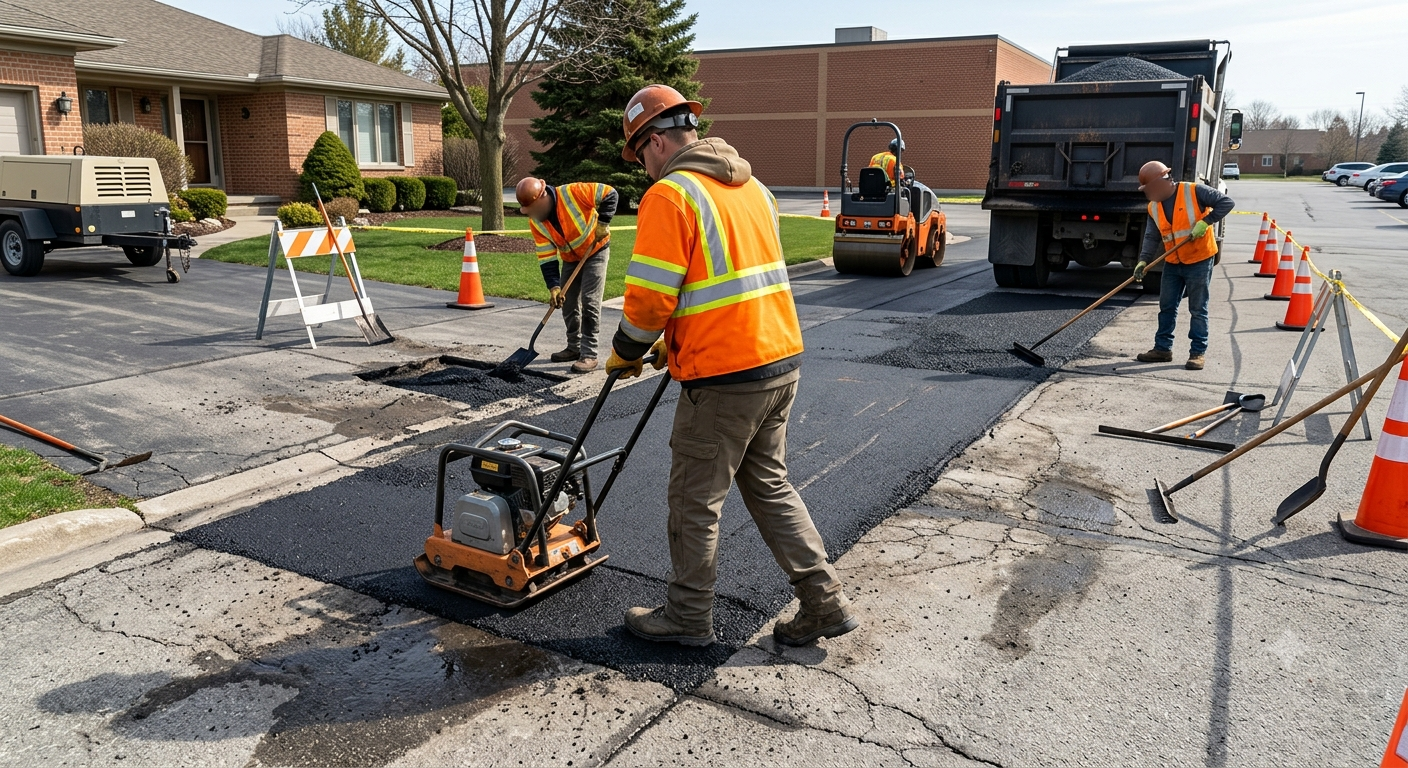 Roadwork crew paving a street with orange cones, a plate compactor, and trucks on a residential road