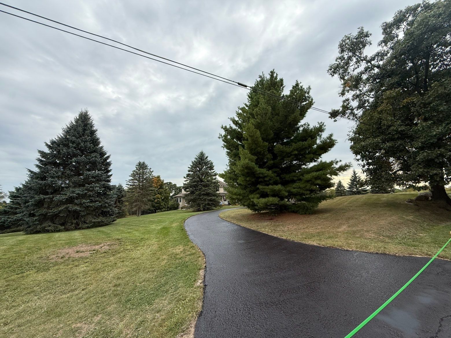 Curved wet asphalt path through a grassy park with evergreen trees under a cloudy sky