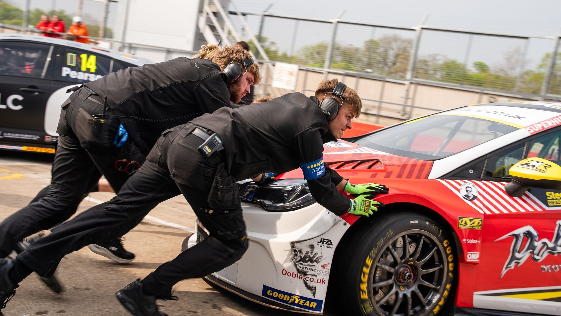 PMR Mechanics pushing Mikey Doble's Vauxhall Astra out onto Donington Park Track 2025