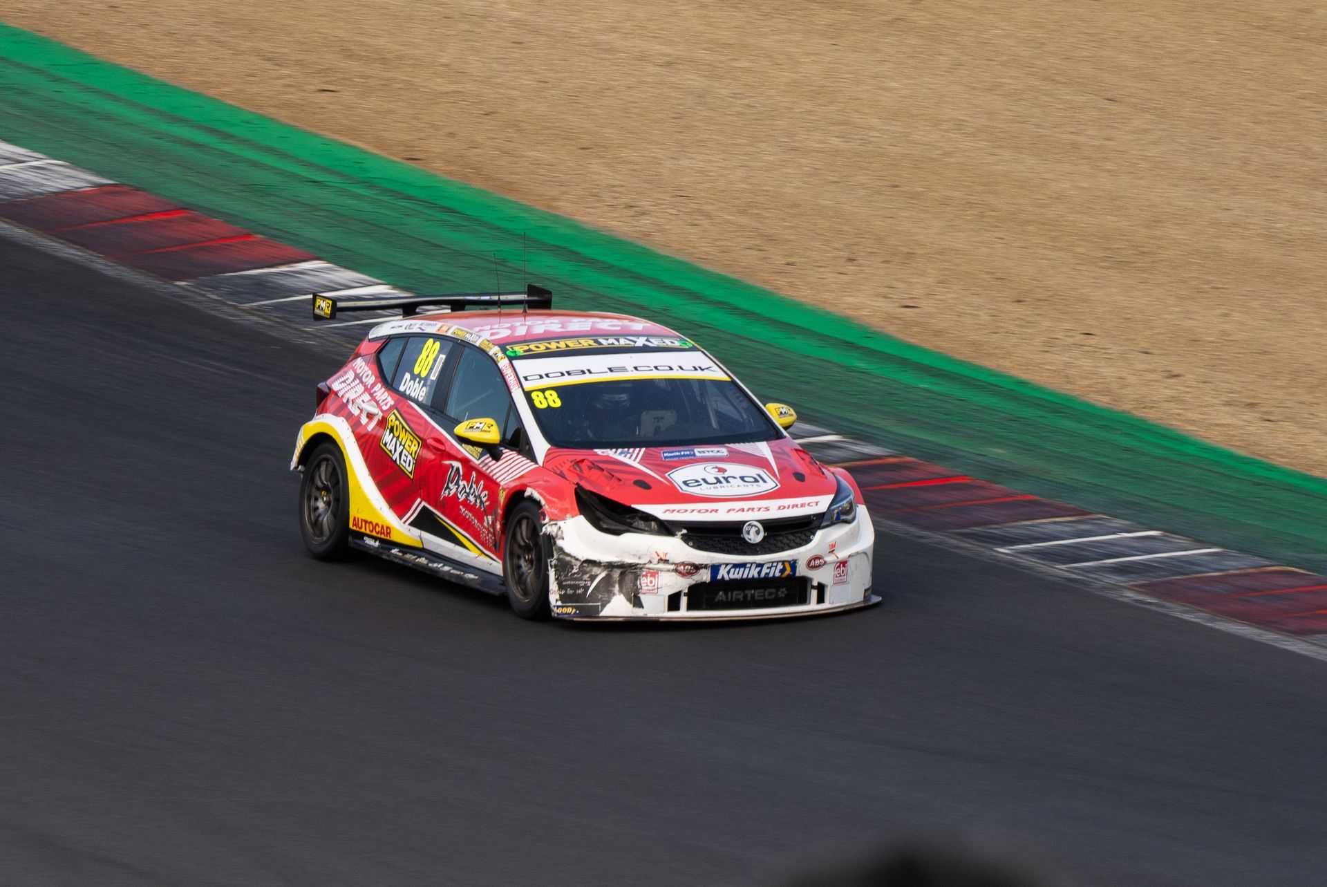 Mikey Doble Driving PMR Vauxhall Astra at Brands Hatch BTCC 2025 with damaged front bumper 