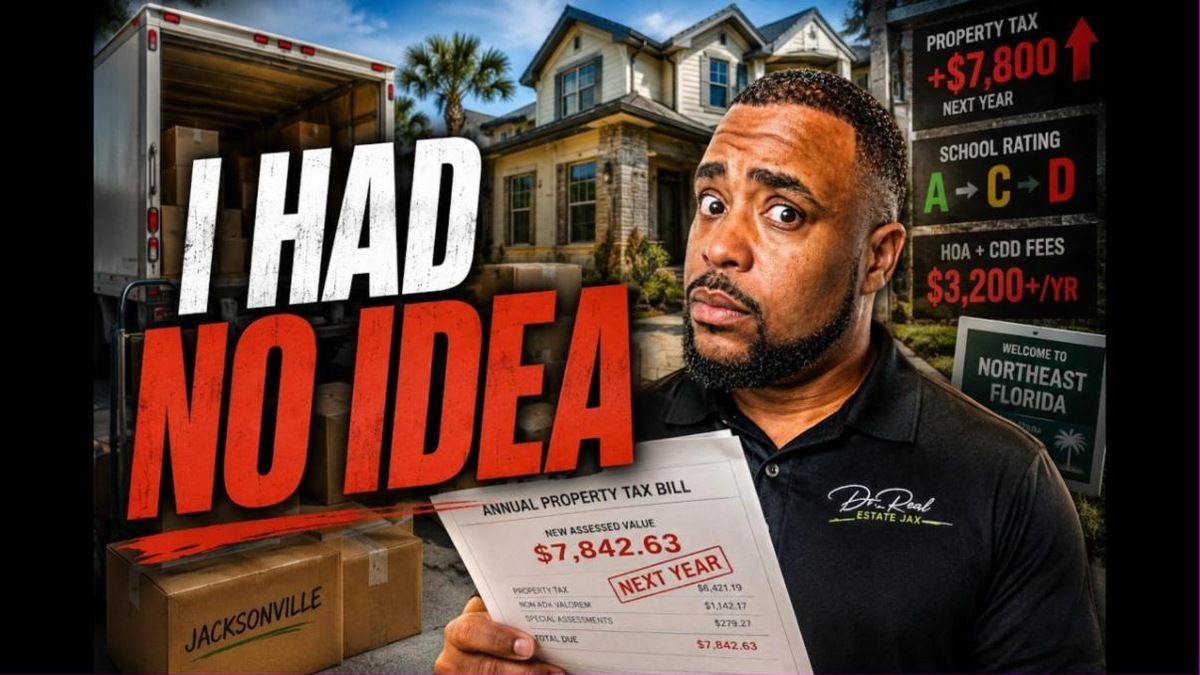 Adrian Gentry holding an annual property tax bill outside a new construction home in Jacksonville, F