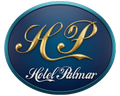 Logotipo do Hotel Palmar com as letras “HP” em dourado sobre um fundo oval azul.