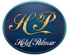 Logotipo do Hotel Palmar com as letras “HP” em dourado sobre um fundo oval azul.