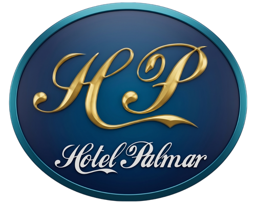 Logotipo do Hotel Palmar com as letras “HP” em dourado sobre um fundo oval azul.