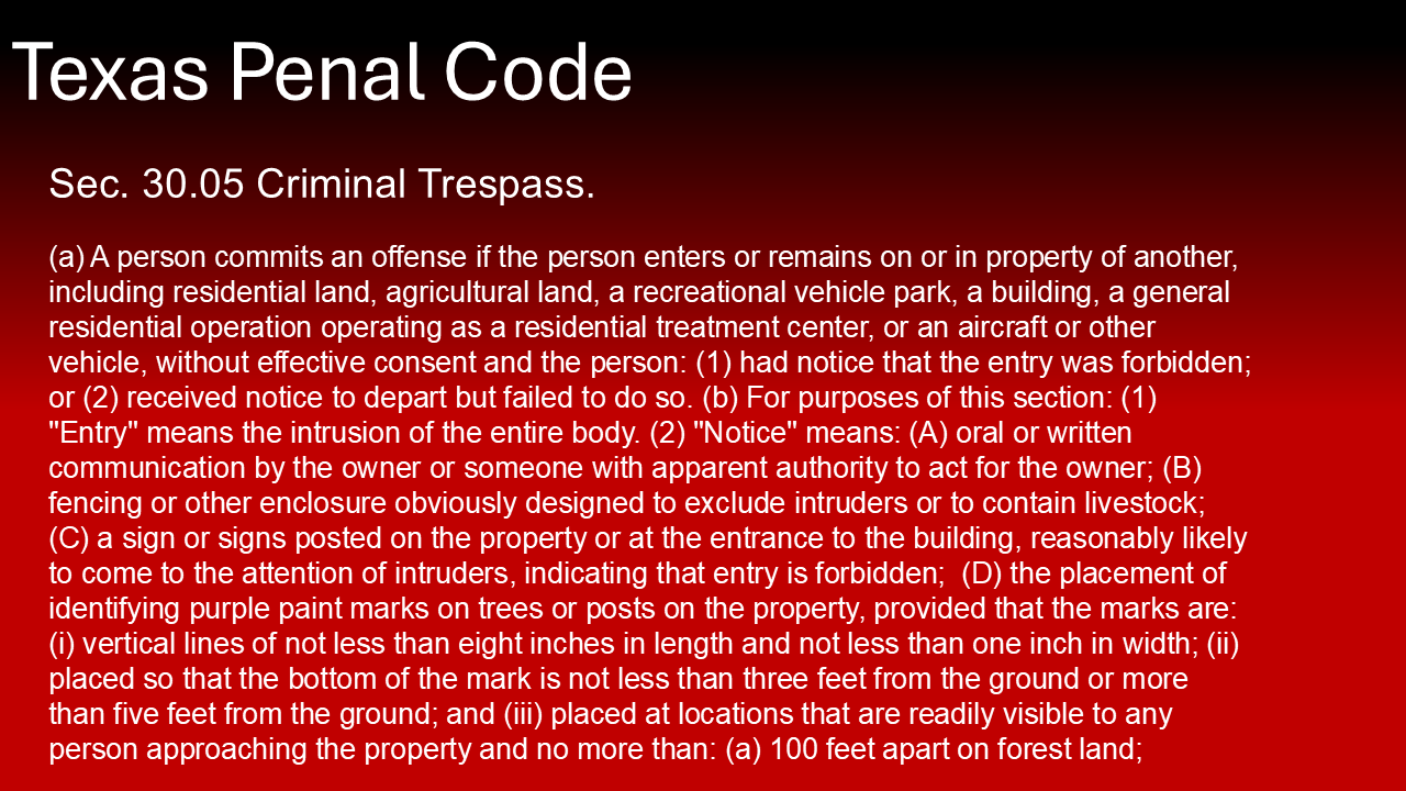 A red background with white text that says texas penal code