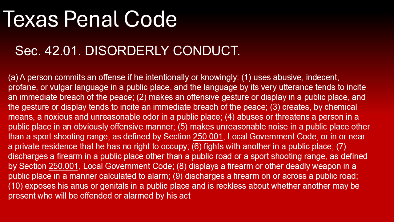 A red background with white text that says texas penal code