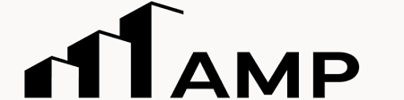 A black and white logo for amp with a building in the background.