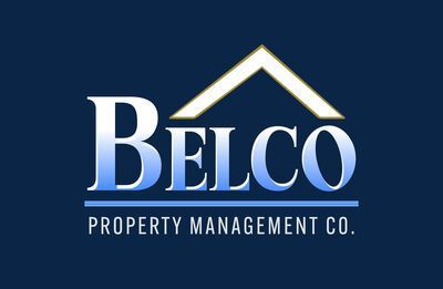 A blue and white logo for belco property management co.