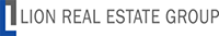 The logo for lion real estate group is blue and white