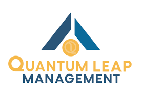 A blue and yellow logo for quantum leap management