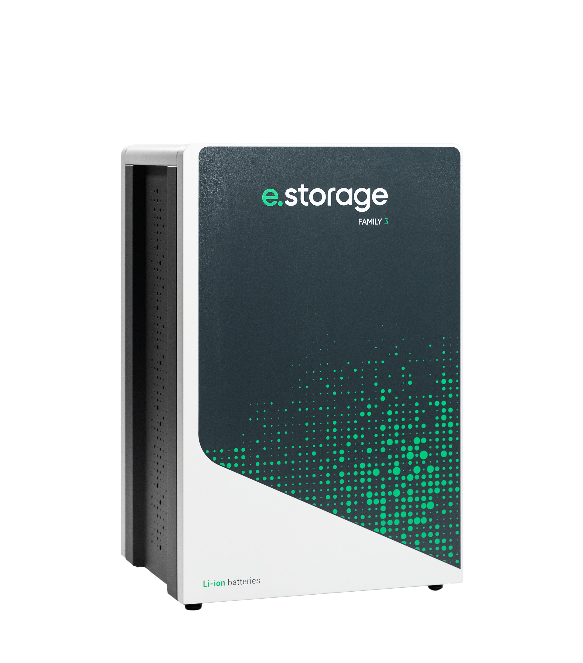 Ein schwarz-weißes Heimspeichergerät der Marke „e.storage“ mit einem grünen digitalen Muster auf der Vorderseite.
