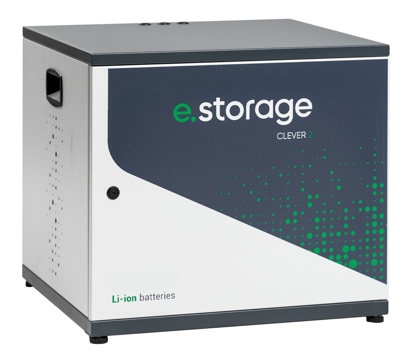Ein weiß-dunkelblauer e.storage Li-Ionen-Akku mit schlankem, kantigem Design auf weißem Hintergrund.