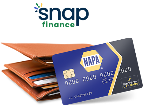 Snap Finance logo above a brown wallet and a blue Napa Auto Parts credit card. | Southgate Automotive