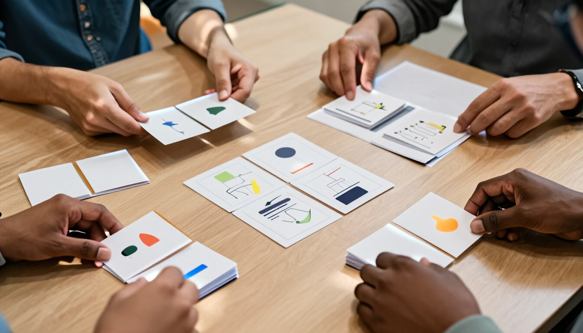 Mãos organizando cartões e diagramas sobre uma mesa