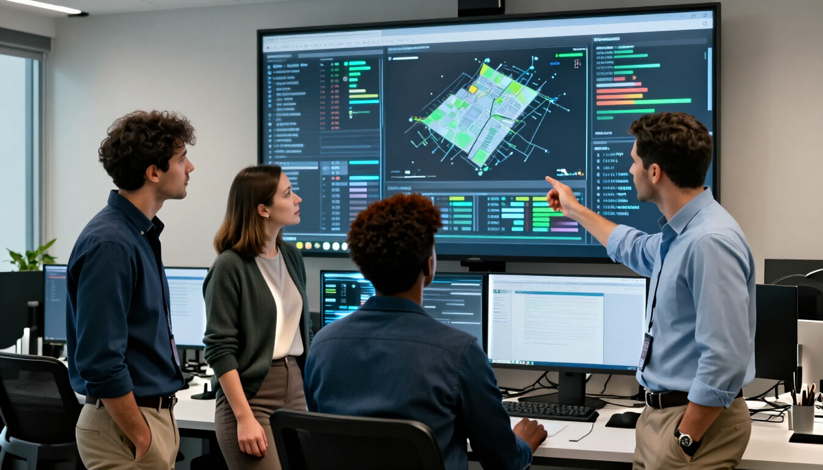 Equipe observando um monitor em um escritório de operações