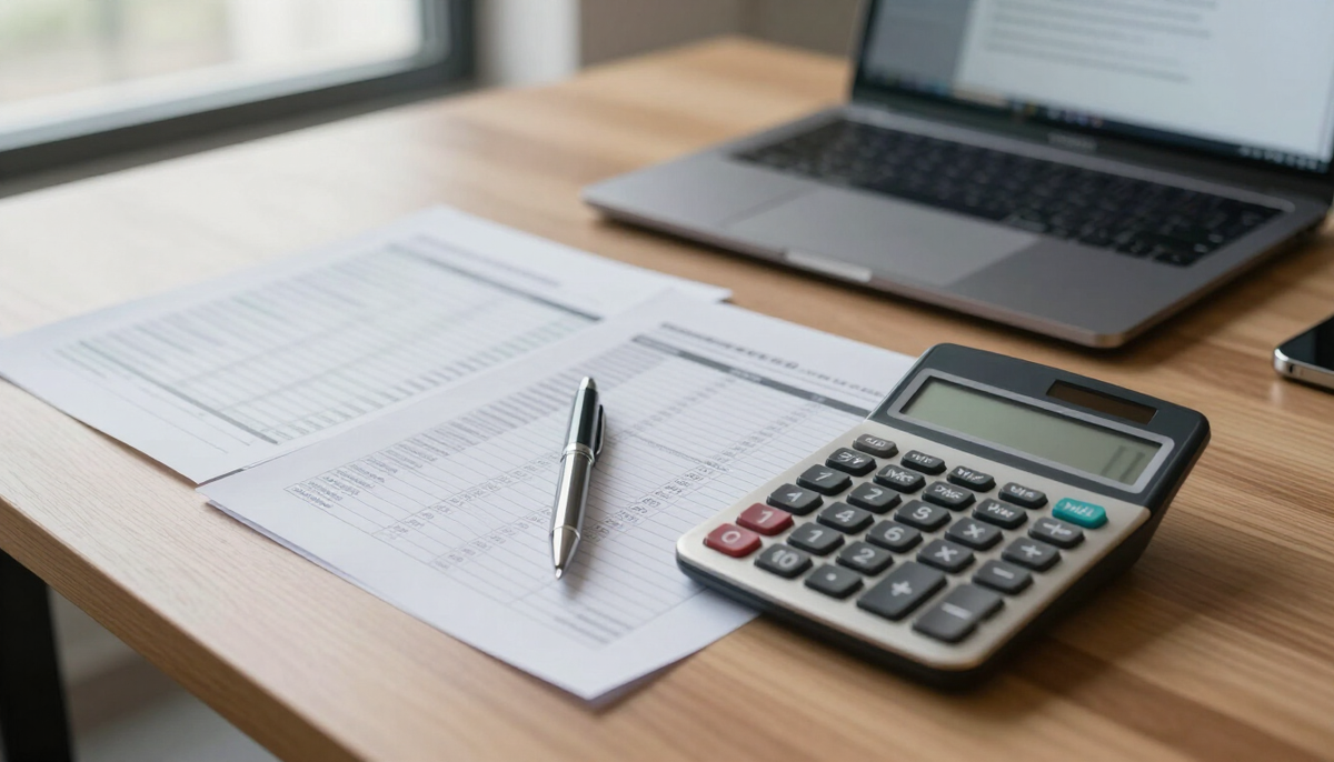 Calculadora, planilhas e documentos sobre uma mesa de trabalho