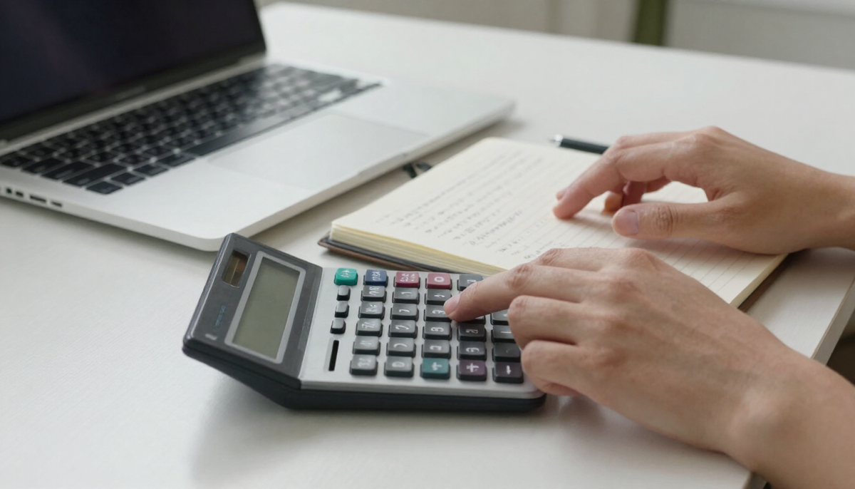 Mãos usando uma calculadora ao lado de um caderno com números