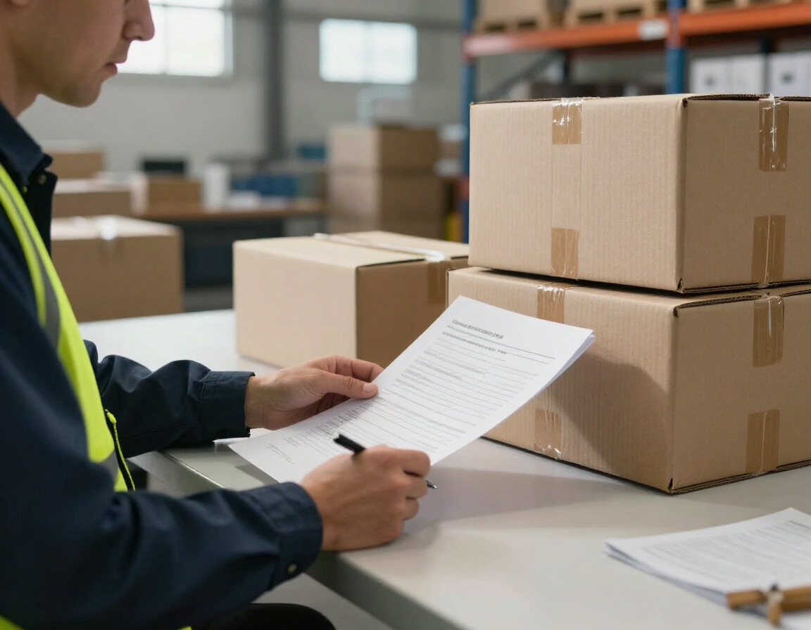 Profissional revisando documentos de embarque em uma mesa