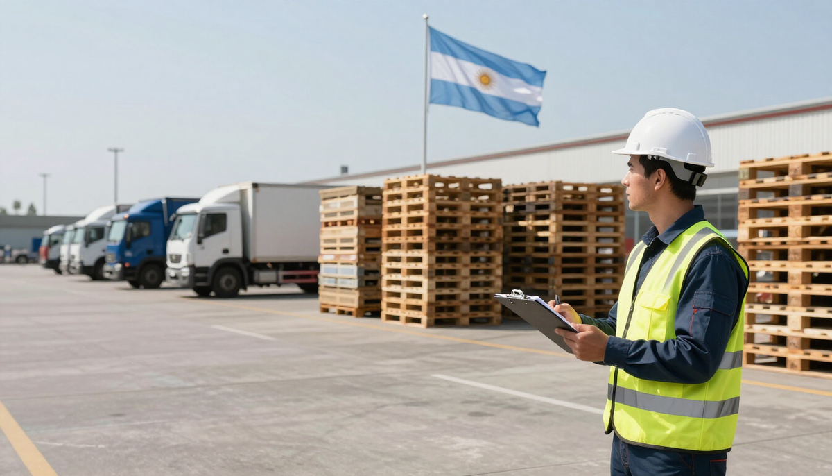 Terminal de cargas com paletes e caminhões e um profissional de colete com prancheta, com a bandeira argentina ao fundo