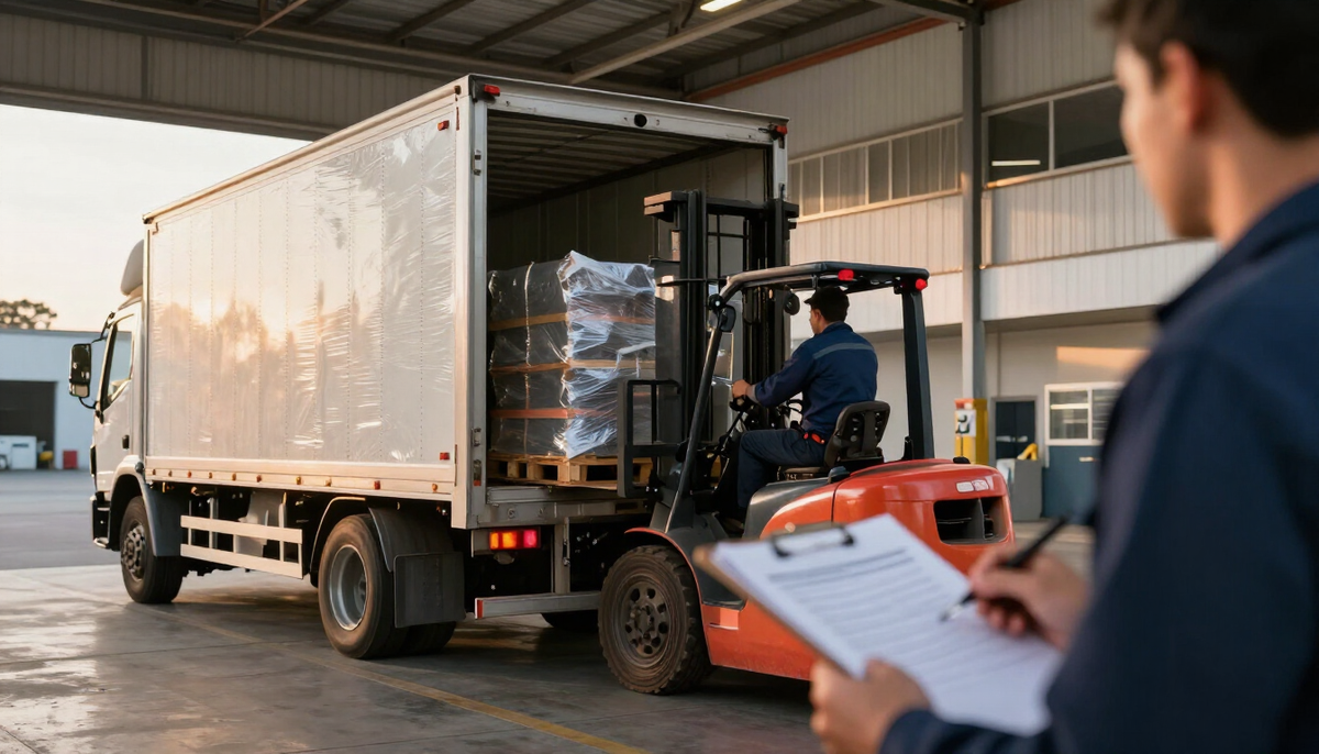 Caminhão sendo carregado na doca de uma fábrica brasileira com documentos para exportar para a Argentina sobre uma prancheta