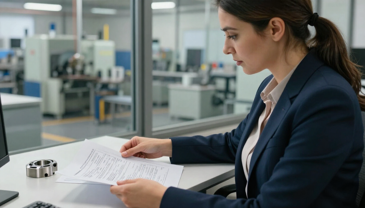 Analista de comércio exterior comparando fatura e packing list impressos no escritório de uma indústria brasileira