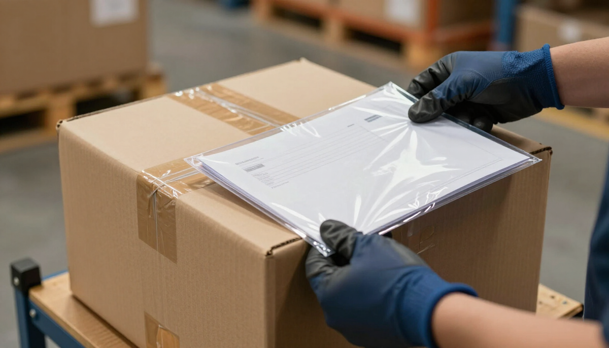 Mãos fixando envelope de documentos na lateral de uma caixa lacrada na expedição de uma fábrica brasileira