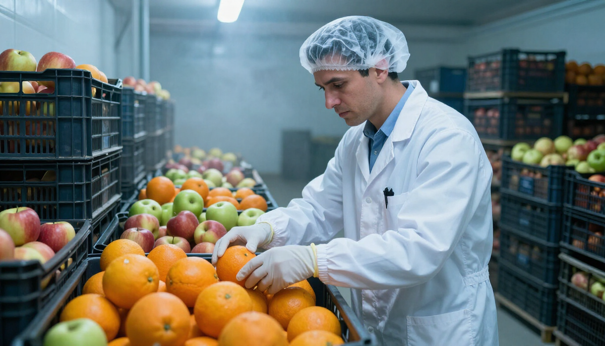 Fiscal agropecuário inspecionando caixas de frutas em câmara fria antes da exportação para a Argentina