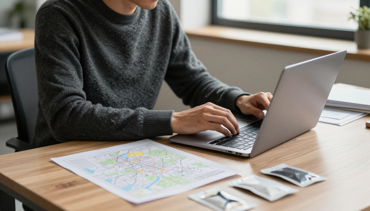 Pessoa pesquisando em um notebook com mapa e amostras sobre a mesa