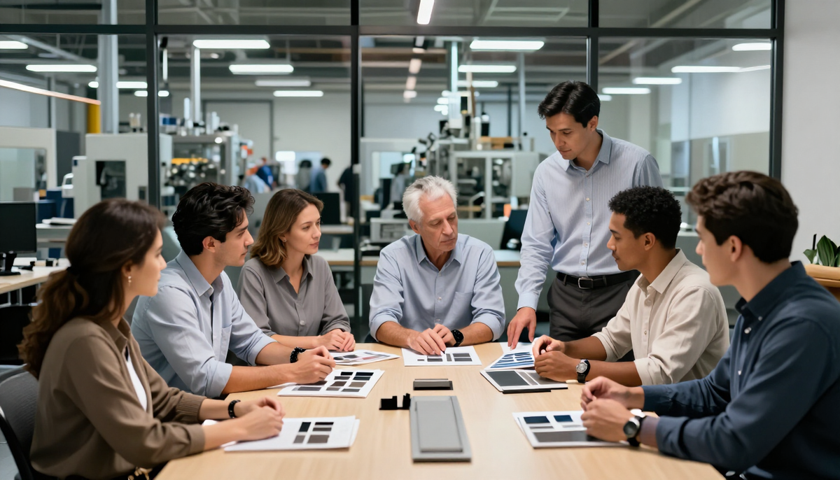 Reunião em um escritório de fábrica com amostras de produtos sobre a mesa