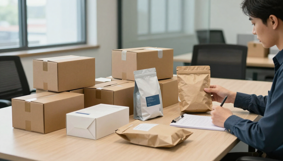 Caixas de produtos e amostras sobre uma mesa para comparação