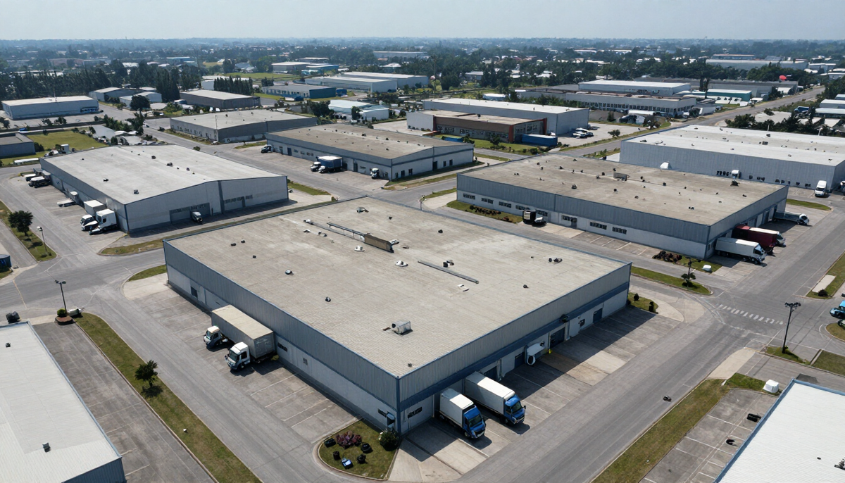 Vista aérea de um parque industrial com fábricas e caminhões